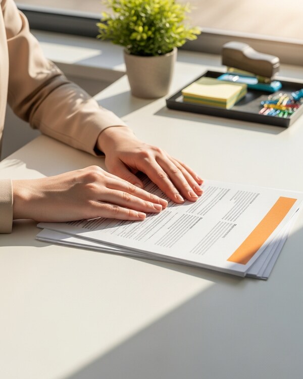 A woman's hands squaring a stack of printed instructional documents topped with a solid orange header block on a sunlit desk, the page out of direct focus, beside a small potted plant and an office tray holding a stapler, paper clips, and sticky notes