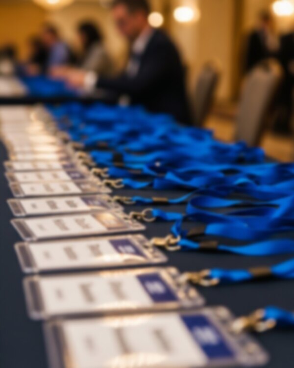 Rows of blue event lanyards and name badges laid out on a registration table at a conference
