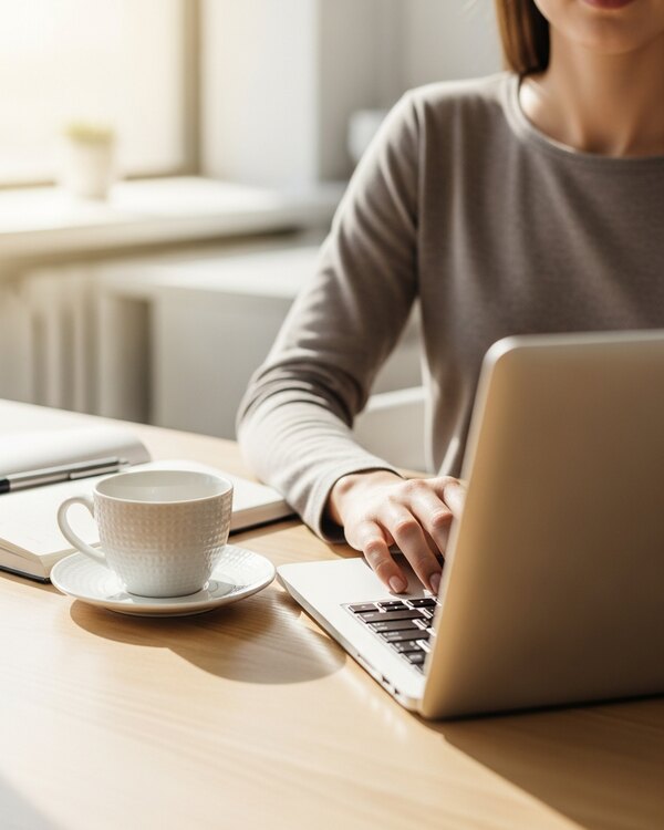 A woman working on a laptop at a sunlit desk with a coffee cup and notebook nearby