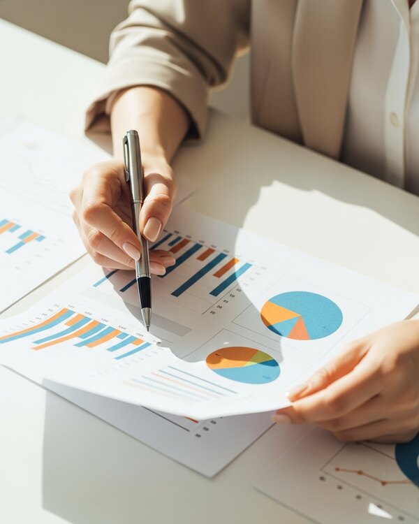 A woman's hands using a pen to review a few simple printed bar and pie charts at a sunlit desk
