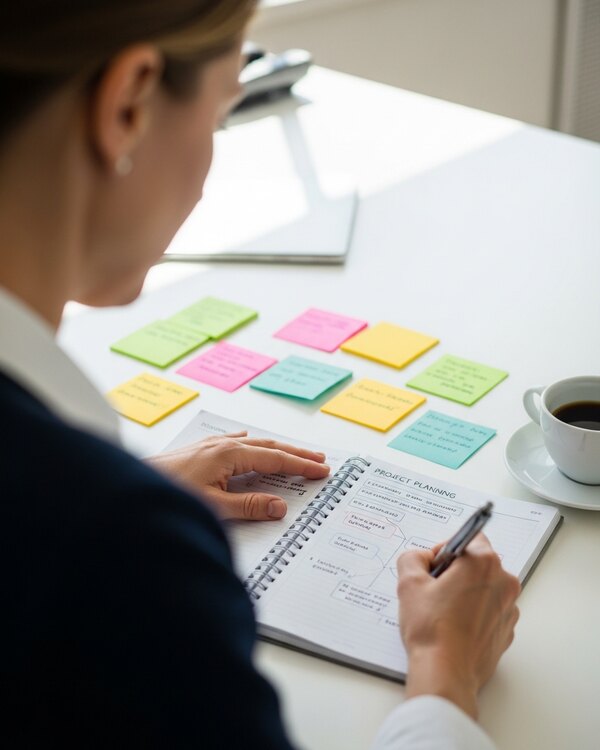 A woman writing in a project planning notebook beside sticky notes